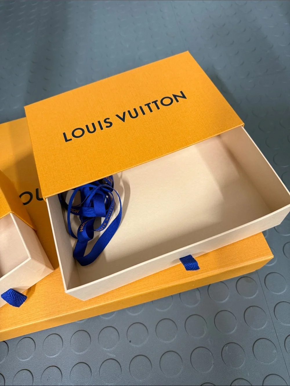 Louis Vuitton Orange Boxes with Blue Pull Tabs